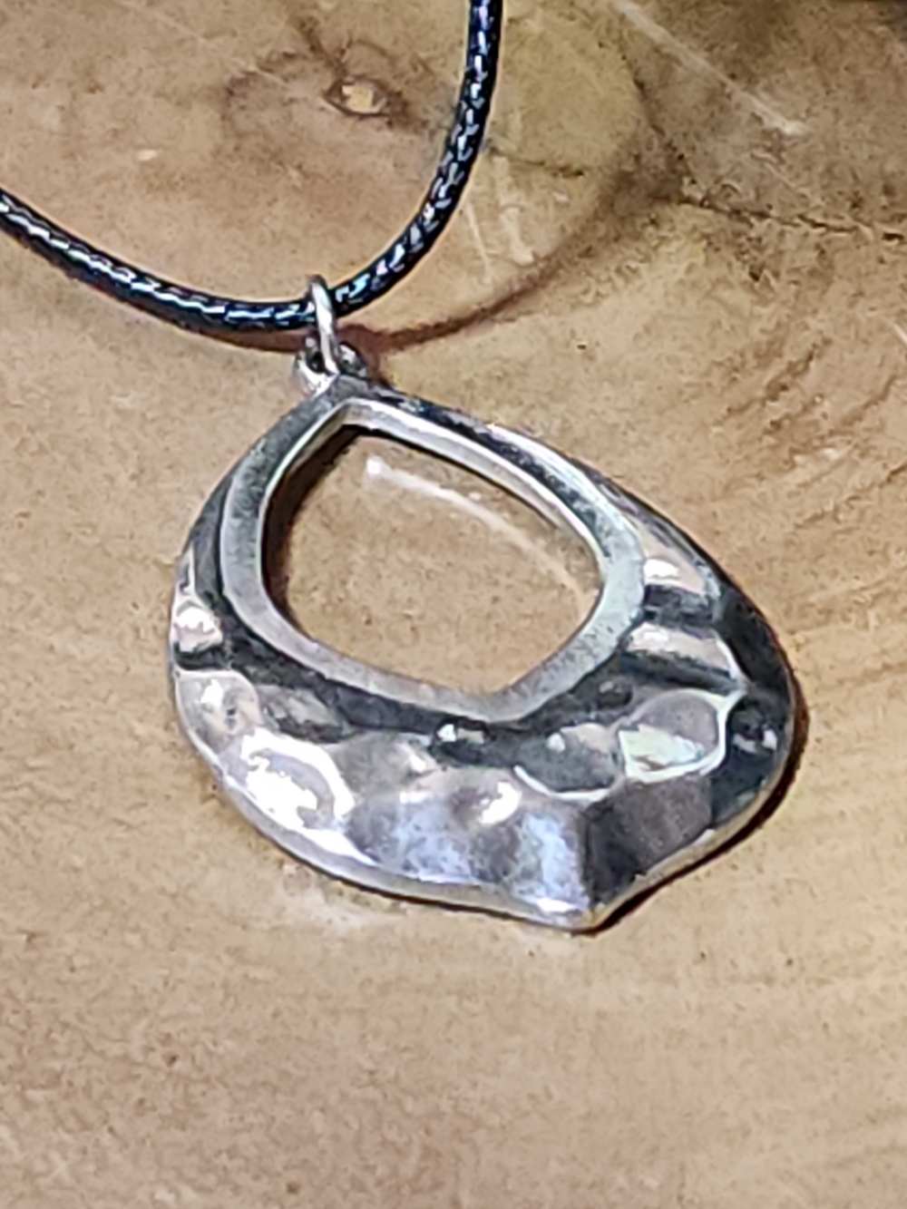 Silver Toned Teardrop Pendant Necklace On A Black Nylon Cord - Picture 5 of 8